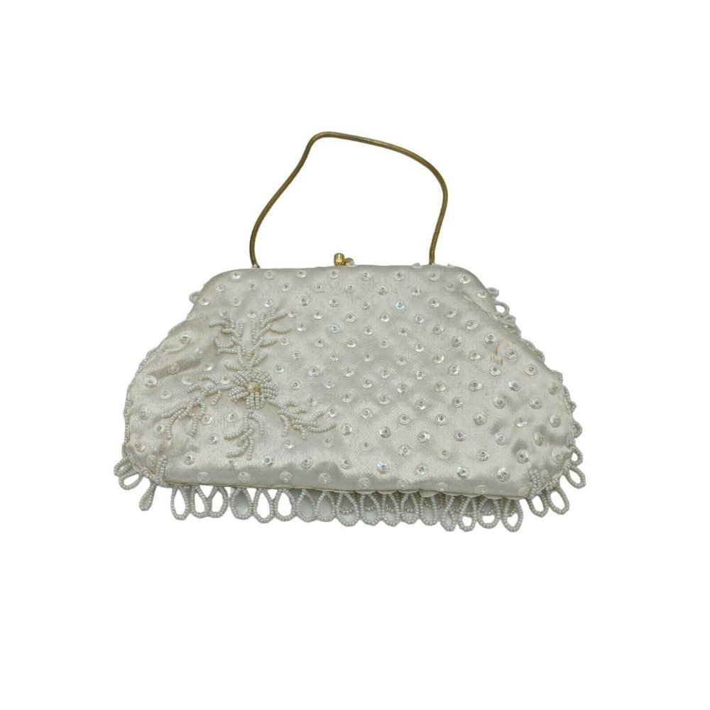 Vintage Hand Made Beaded Purse, 1950’s, Hong Kong White beads and Sequins